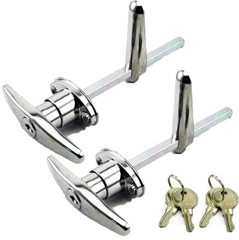 2Pcs Garage Door Lock T-Handle Polished Chrome Garage Door Handle Long Lockable Accessories Cabinet Door Lock Door Hardware for Trailer & Caravan Canopy (Silver)