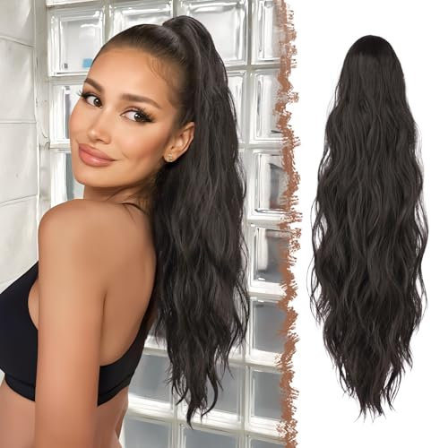 FESHFEN Extension Queue de Cheval avec Pince - Postiche Cheveux Noir Naturel Ondulé Longue Ponytail Extensions Synthétique Fausse Rajout Postiches pour Femmes, 63 cm