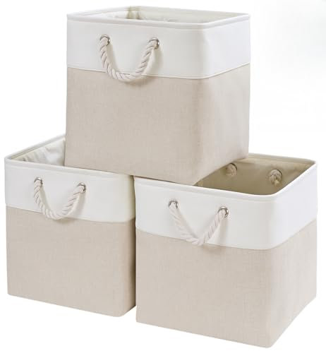 Mangata Fabric Storage Baskets, 33x38x33cm Cube Storage Unit Boxes Storage Boxes for Kallax Organizing Clothes Shelf Nursery Home Closet(Light Beige/White, Set of 3)