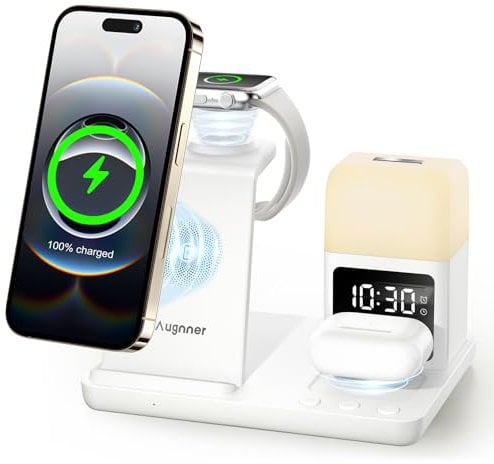 Station de Charge avec Lampe de Nuit et réveil, Chargeur Induction 6 en 1 pour iPhone 16/15/14/13/12/11,Chargeur sans Fil Convient pour iWatch Series,AirP0ds 4/3/2/Pro (Blanc)