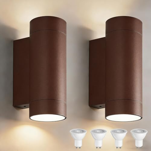 JNR Aussenlampe Wand IP65 Wasserdichte Wandleuchte Aussen, Bronze 2 Pack | Außenlampe Wand 2*5w GU10 3000K Warmweiß LED Glühbirne, 230V Aluminium Außenleuchte Aussenleuchte, Ausenbeleutung Hauswand