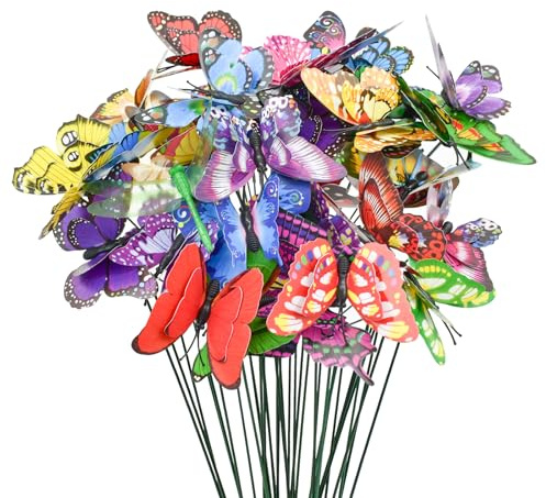 MrMrKura 40 Stück 3D-Gartenstecker mit Libellen, bunt, PVC, wasserdicht, Schmetterling mit Doppelflügeln, dekorative Gartenstecker für drinnen und draußen, Hof, Terrasse, Rasen, Blumentopf-Dekoration