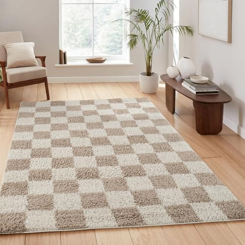 Chester Living Room Shaggy Area Rug Modern - Contemporary Checkered Design 30mm Plush Pile Jute Backing Soft Woven Carpet -Hallway Runner Indoor Rug, Beige, 200x290 cm