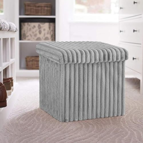BLOOM BLENDS Ribbed Velvet Storage Ottoman Box – Foldable, Stylish & Multi-Purpose Seat with Lid | Available in 5 Colours | Bedroom, Living Room, Entryway (Grey, Small (38x38x38))