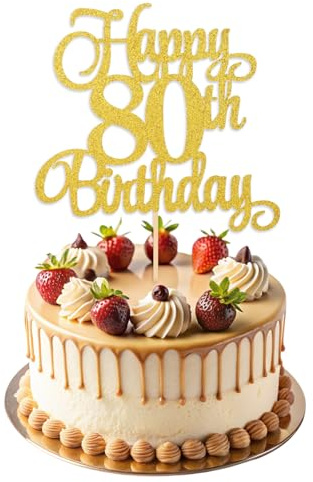 ZEYIYER Gold 80th Birthday Cake Toppers, 80th Happy Birthday Cake Decorations, Glitter Eighty Years Old Cakes Pick for Women Men Party Supplies