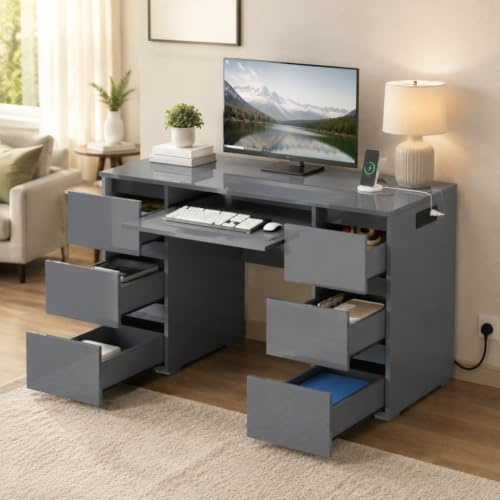 LSBIKE White Desk with 6 Drawers High Gloss Computer Desk Table Dressing Table with Drawers Home Office Writing Study Standing Desk with Storage Drawer 120x50x70cm (Grey)