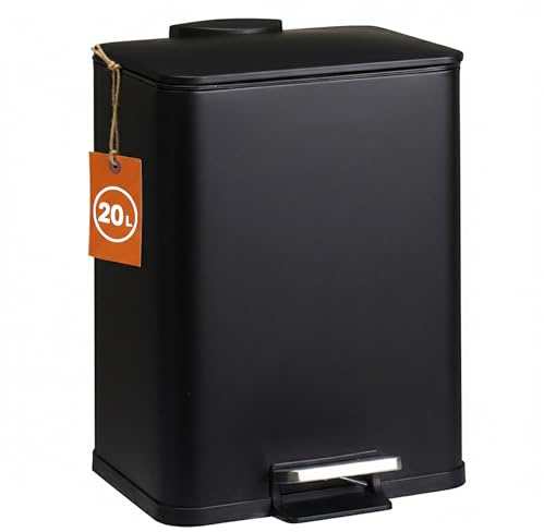 Spetebo Edelstahl Tretmülleimer mit Soft Close eckig schwarz - 20 L | Metall Mülleimer mit Fußpedal und entnehmbarem Inneneimer
