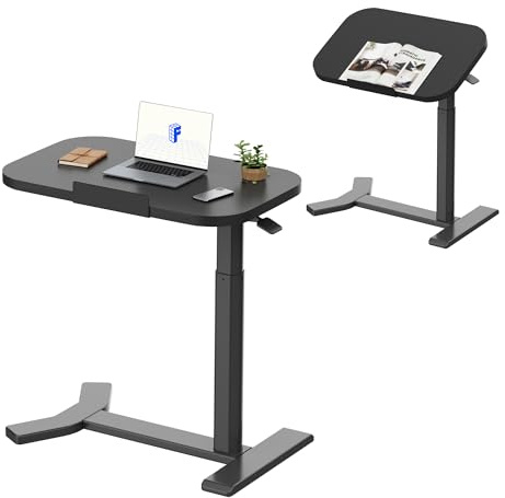FLEXISPOT Overbed Table Pneumatic Standing Desk with Wheels for Small Space | C-Shaped Side Table Height Adjustable End Table for Bedroom Living Room Office, 60 x 40 Black