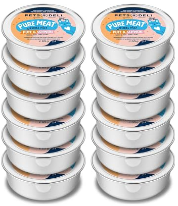 Pets Deli Pure Meat Nassfutter für Katzen mit Pute & Schwein, 12x85g | Hoher Fleischanteil, für ausgewachsene Katzen, ohne künstliche Zusätze, ohne Zucker, Premium Qualität