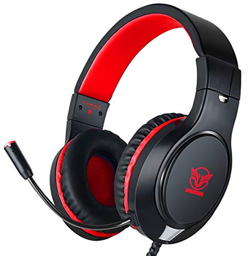 Gaming Headset for Nintendo Switch, Xbox One, PS4, PS5, Bass Surround and Noise Cancelling with Flexible Mic, 3.5mm Wired Adjustable Over-Ear Headphones for Laptop PC iPad Smartphones (Red-Black)