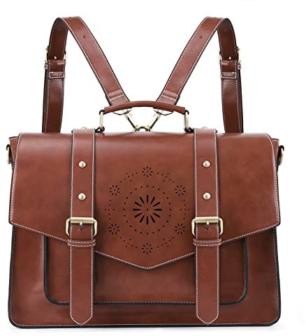 ECOSUSI Sac Cartable Vintage Femme Sac à Dos pour Ordinateur Portable 15,6 Pouces Sacs Bandoulière Sac à Main Malette Bureau, Bandoulière Démontable, Café, L