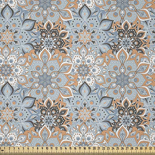 ABAKUHAUS Mandala Stoff als Meterware, Vintage Style blühen, Microfaser Stoff für Dekoratives Basteln, 1M (230x100cm), Hell Orange Schwarz Blau
