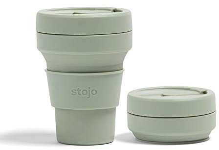 STOJO On-The-Go Collapsible Coffee Cup - 12oz / 355ml - Reusable & Foldable Silicone Travel Mug with Lid - Portable, Pocket Size - Dishwasher Safe - Sage