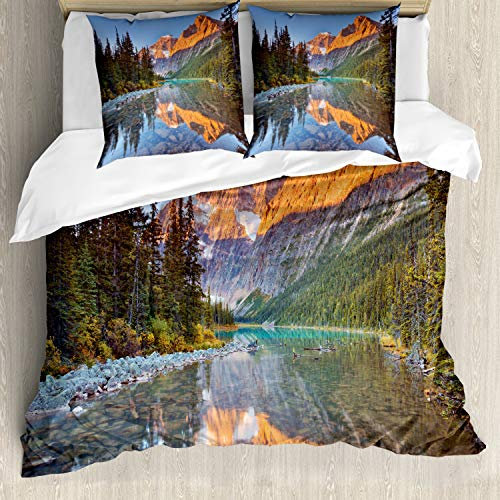 ABAKUHAUS Natur Bettbezugs Set Für Doppelbetten, Canadian Mountains, Milbensicher Allergiker geeignet mit Kissenbezügen, Blau Grün