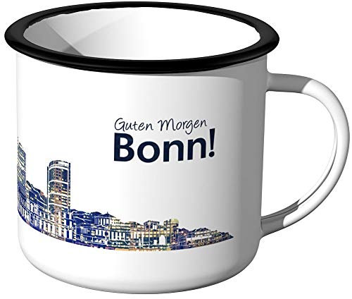 JUNIWORDS Emaille-Tasse, Guten Morgen Bonn, Skyline Nachtlichter, Schwarzer Tassenrand