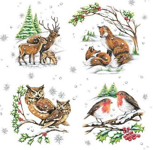 20 Servietten Tierfamilien im Winter | Fuchs | Eule | Reh | Hirsch | Vögel 33x33cm