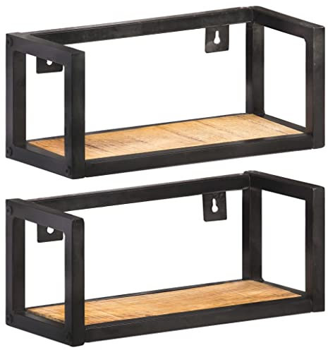 vidaXL 2X Raues Mangoholz Wandregal Industriestil Bücherregal Schweberegal Wandboard Regalbrett Hängeregal Dekoregal CD DVD Regal 40cm