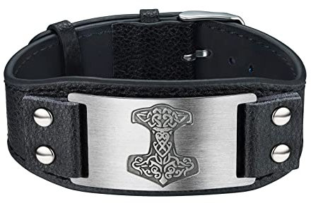 PROSTEEL Manschetten Armband mit Thorshammer Muster Wikinger Mjölnir Amulett Lederarmband Vintage Nordischer Wickelarmband Modeschmuck Accessoire für Männer