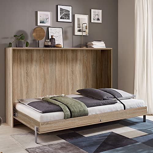 Lomadox Schrankbett 140x200 cm Eiche mit Lattenrost Jugendbett Gästebett Klappbett Raumsparbett Wandklappbett