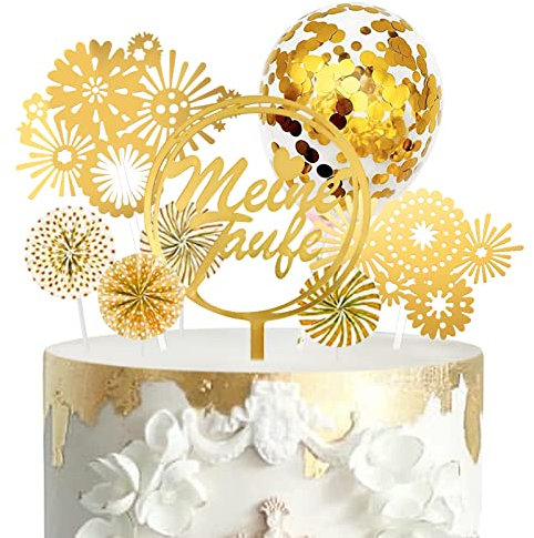 Cake Topper Taufe meine Taufe Torten Topper Tortendeko mit Feuerwerk Konfetti-Luftballons und Papierfächer Dekoration für Kommunion Taufe Junge Mädchen (Gold)
