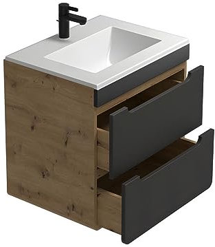 Vente-unique-Waschbeckenunterschrank hängend mit Einbauwaschbecken - 60 cm - Naturfarben & Anthrazit - Aruba