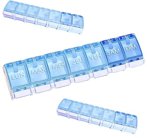 Pilulier Semainier Français 7 jours | Pilulier de poche Grande Capacité | Rangement médicaments pour chaque de jour de semaine | Boite à pilule portable idéal voyage | Sans BPA (Bleu)