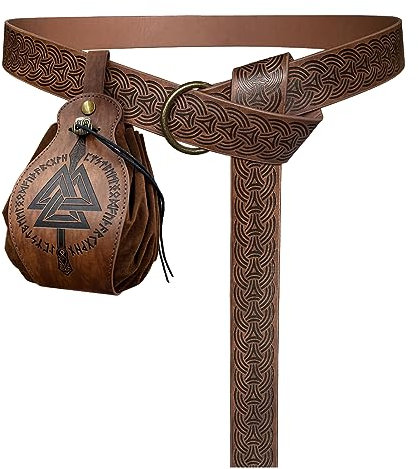 HiiFeuer Mittelalter Geprägter O-Ring-Gürtel mit Tragbarem Gungnir Kordelzugbeutel, Retro Renaissance Kunstleder Gürtel und Geldbeutel Set für LARP (Braun B)
