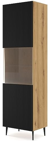 Domando Vitrine Moneglia Klassisch Breite 60cm, Push-to-Open-Funktion, besondere Fräsoptik, Schwarze Füße in Artisan Eiche und Schwarz Matt