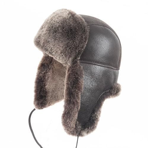 Zessano Unisex Fliegermütze aus Schafsleder, Russische Ushanka Trapper Winterfellmütze - Shearling 100% Leder Schaffell Hüte für Männer Frauen