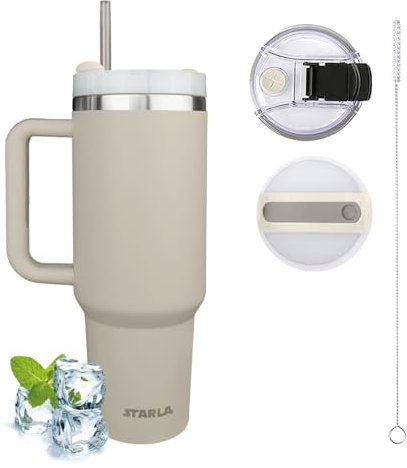 STARLA Mug Isotherme avec paille et poignée, 1,2l grand, 2 couvercles, tasse isotherme étanche, tasse à café à emporter, tasse à eau, tasse à boisson, tasse de voyage, tasse à boire (Dune)