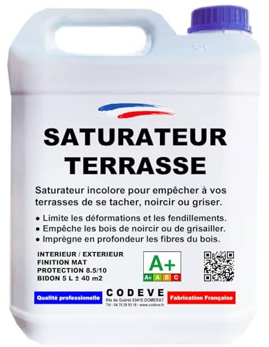 Saturateur Terrasse Bois - Codeve Bois - 5 L - Intérieur/extérieur - Pour La Protection D'un Bord De Piscine, Terrasse Ou Caillebotis Bois.