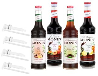 MONIN Tea Probierpaket 4 x 0,7 l inkl. Pumpen | Tee Probierpaket mit Chai, Grüntee, Pfirsich & Zitrone inklusive Pumpen - für Eistee und Tee-Spezialitäten