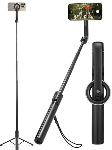 Spigen MagSafe Selfie Stick Tripod Stand (MagFit) with Bluetooth Remote Control Shutter 47 Extendable Compatible with MagSafe iPhone 16 15 14 13 12 Pro Max Mini & Android Phones - Black