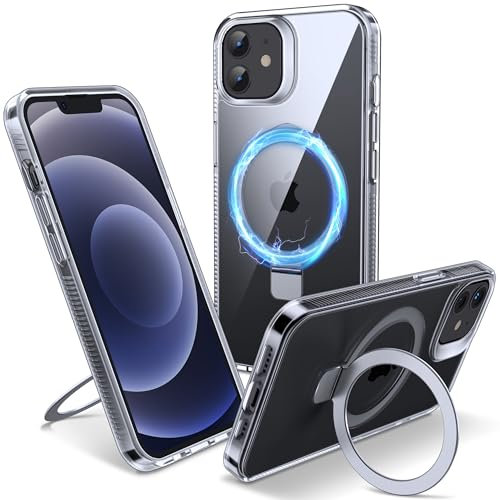 Flyzoo Magnetisch Ständer Hülle für iPhone 12/12 Pro - [Unsichtbarer Ständer] [Kompatibel mit MagSafe] [Vergilbungsfrei & rutschfest] Stoßfest Durchsichtig Handyhülle, 6.1'', Clear