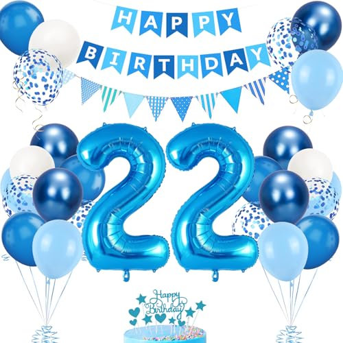 22. Geburtstag Deko Blau - Luftballons, Tortendeko, Party Deko für Mädchen 22 Jahre - Zahl 22 Ballons in Blau Weiß