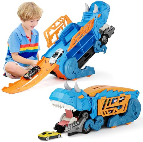 Shawe Dinosaurier Transporter Truck Auto Spielzeug ab 3 4 5 6 Jahre mit 6 Die-Cast-Fahrzeugen, Autorennbahn Aufbewahrung Verschlucken Transformierbar Spielzeugautos Geschenk für Jungen Mädchen Kinder