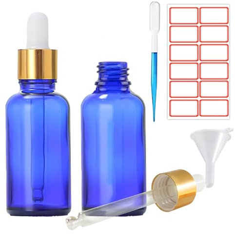 JAMHEXOU 2PCS Blue Glass 30ml Dropper Bottles Small Sample Dropper Bottle for Essential Oils Massage Perfumery Aromatherapy Laboratory Bottles with Pipettes, Plastic Funnels and Labels