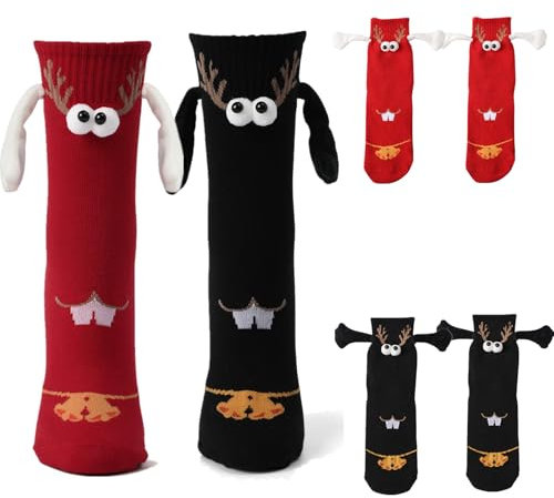 Litthing 2 Paar Weihnachtssocken Magnetische Socken für Paare, Hand in Hand Socken Magnet 35-43, Lustige magnetische Socken mit Händen Freundschaftssocken Geschenke für Freund Partner Familie