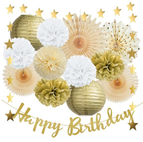 Geburtstagsdeko Beige Weiß Gold Champagner - Boho Deko Mit Happy Birthday Banner für Neutral Geburtstagsdeko Mädchen Weiss