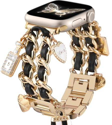 DaQin Elegante pulsera compatible con Apple Watch Band de 40 mm, 38 mm, 41 mm, 42 mm, para mujer, correa de repuesto de cadena de metal con dijes decorativos para Apple Watch Series 10, 9, 8, 7, 6, 5,