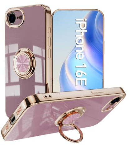 Sawiqpd for iPhone 17e / iPhone 16e Case with Ring Kickstand, Purple | Soft TPU Silicone Phone Case, Support Magnetic Car Mount, Shockproof Slim Fit Cover, Electroplating Design, Military, Glossy