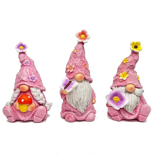 Gnome Decoration Figurine Outdoor Statue Resin 3pcs Flowers Spring Gnomes, Home Decoration Ornaments for Desktop Bookshelves Courtyard Garden Gift (Pink)