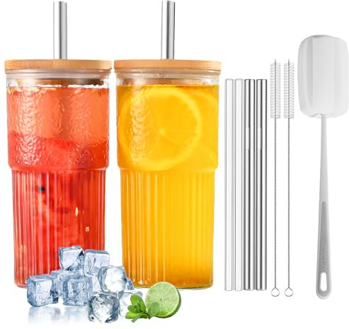BBWELL Lot de 2 Gobelets en Verre Rayé Transparent de 600 ml Avec Couvercle,Verres à Cocktail,Verre Bubble Tea,Tasses à Café Glacé pour Smoothie,Bière,Cocktail,Cafe,Soda,Cola