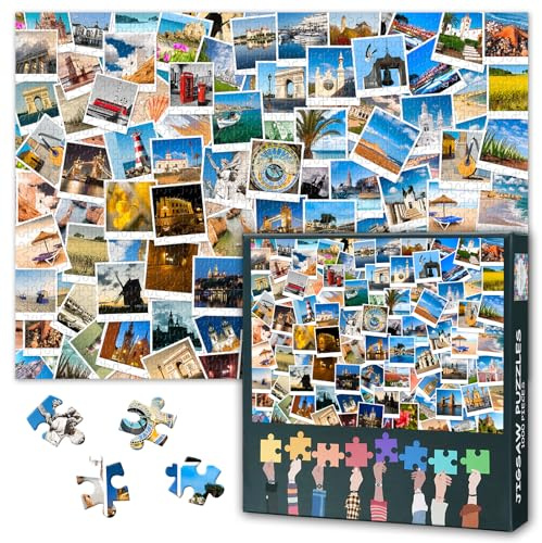 1000 Teile Puzzle Europäische Vintage Postkarten Kollektion Polaroid-Stil Sehenswürdigkeiten von Pariser Cafés bis Santorini Sonnenuntergängen Anspruchsvolles Erwachsenenpuzzle als Wanddekoration