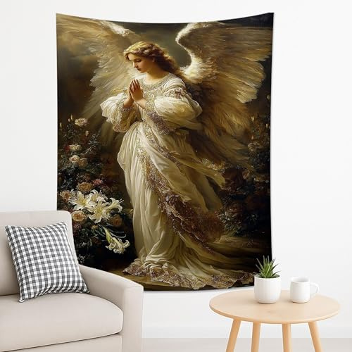 Wandbehang mit betendem Engel, weich, weiß, dekorativer Wandbehang, spirituelle Wandteppiche, ästhetisch für Winter, Schlafzimmer, Wohnzimmer, Meditation, 152,4 x 203,2 cm