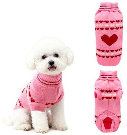 PawSailor Valentinstag Herz Hundepullover Rollkragen Gestrickter Rosa XS | Warmer Welpenpullover, Weicher Feiertags-Hundepullover, Winterkleidung Für Katzen, Extra Kleine, Kleine Und Mittelgroße Hunde
