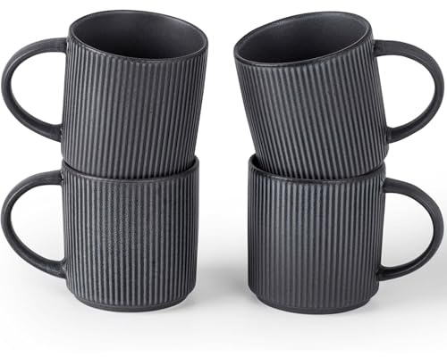 Richmount Star Coffee Mugs Set of 4, 12oz/340ml Stoneware Tea Cups with Large Handle for Latte/Cappuccino/Milk/Cocoa/Tea, Microwave & Dishwasher Safe, Matte DarkCharcoal