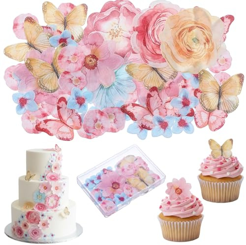DOPENSPI 50 Stück Essbare Blumen Schmetterling, Oblatenpapier Esspapier | für Torte, Tortendeko Blumen, Tortendeko, Kuchen Deko, Tortendekos, Essbar, Cupcake Topper, für Hochzeit, Geburtstag