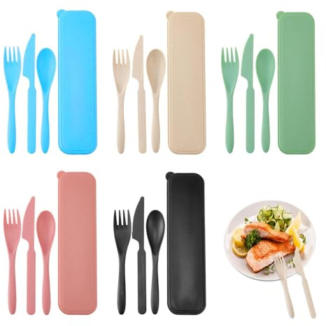 5 Sets Travel Cutlery, Reusable Plastic Knife Fork Spoon Snapped, Portable Picnic & Camping Lunch Cutlery Set with Case, Portable Cutlery Set for Work, Camping, Picnic, Gadgets, Lunch Box