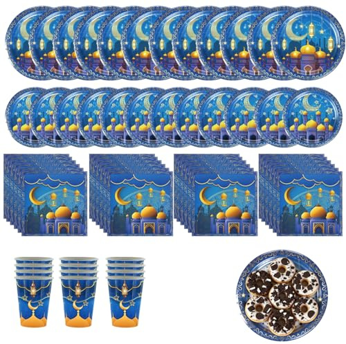 Ensemble de Vaisselle jetable pour Le Ramadan, 60 pièces, Assiettes 127 Pouces, Assiettes 129 Pouces, Tasses 12, Serviettes 24, décorations de fête pour 12 Personnes, idéal pour l'Iftar et Les cé